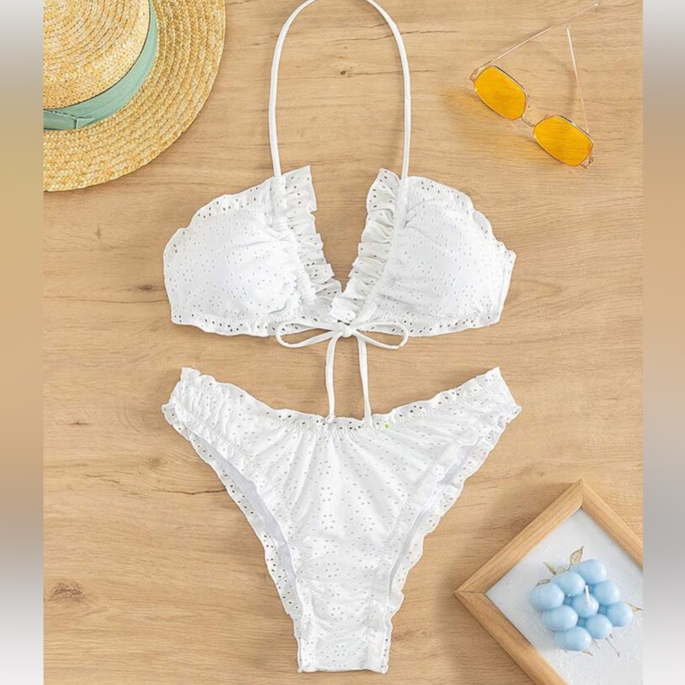 NWT Frill Trim Halter Eyelet Bikini